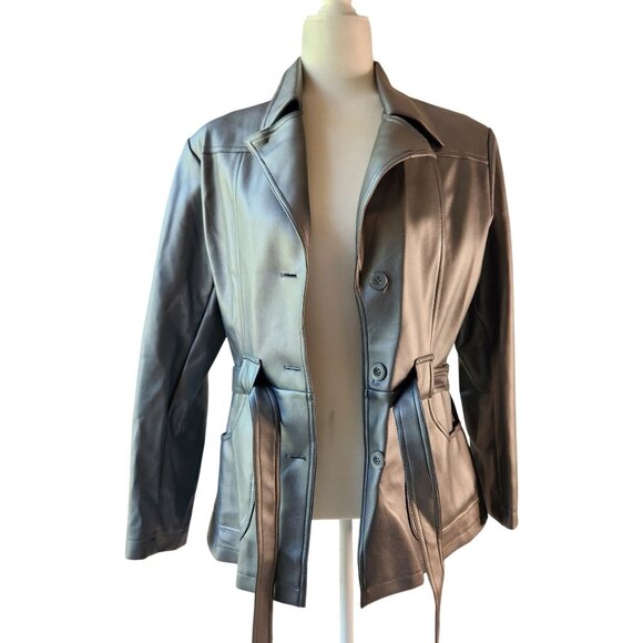 Vintage Y2K BB Dakota Faux Leather Jacket Silver Gray Belted Waist Womens Medium - Picture 4 of 7